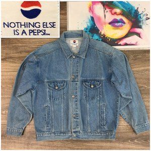 Vintage Pepsi Cola Denim Trucker Jean‎ Jacket Logo Button Men's Size L